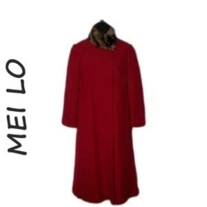 Mei Lo Red Lined Faux Animal Fur Collar Long Coat EUC– Size 7
